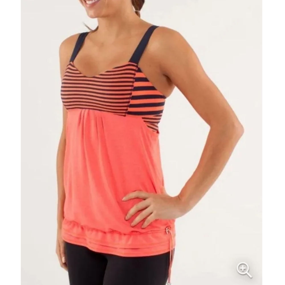 Lululemon No Limits Tank Top Coral Pink Navy Blue Striped Built In Bra Size 8